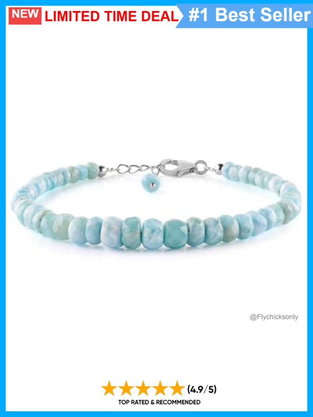 Larimar Beaded Bracelet 925 Sterling Silver 8 inch Gemstone Jewelry for Women